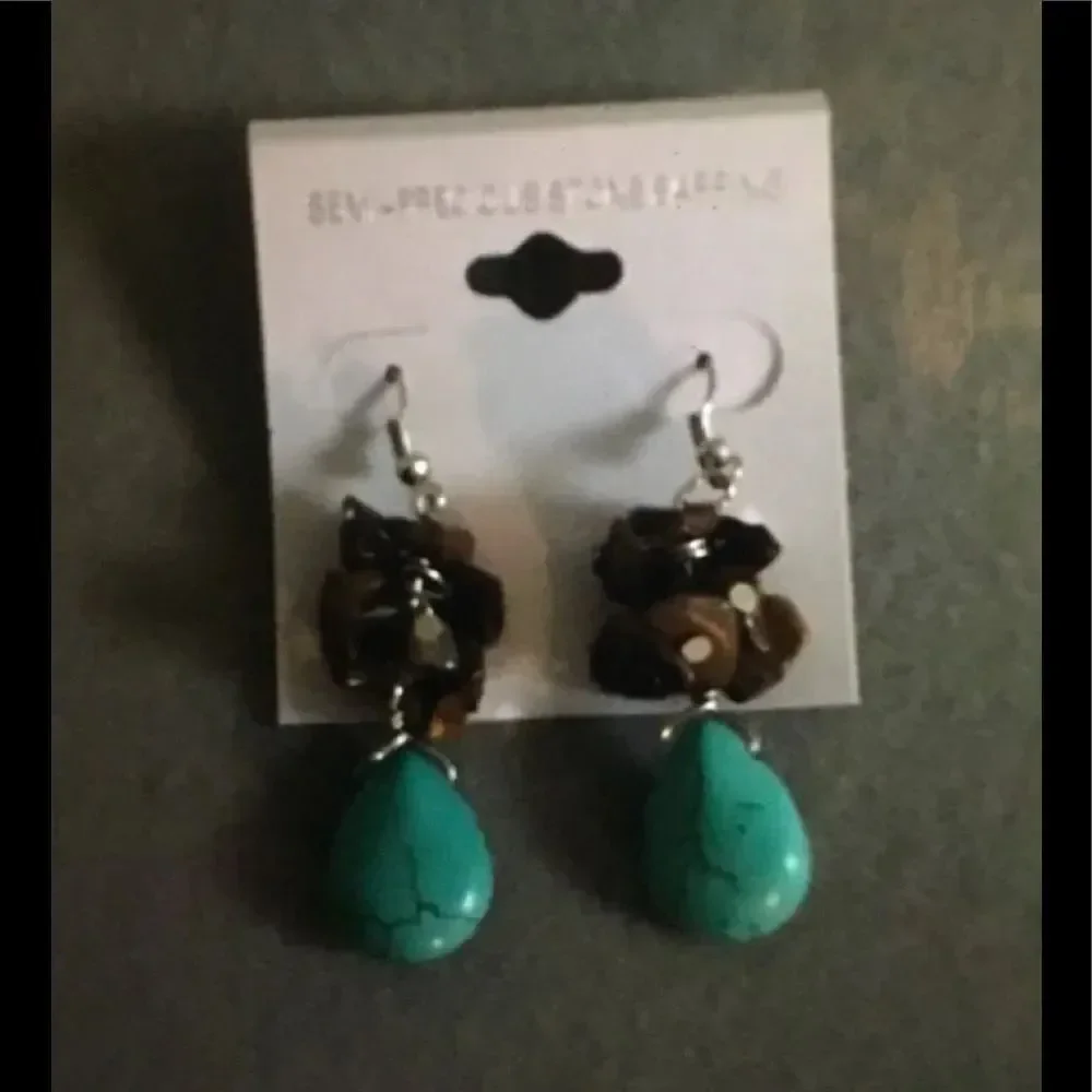 Genuine Teardrop Turquoise & Tigers' Eye Gemstone Dangle Earrings